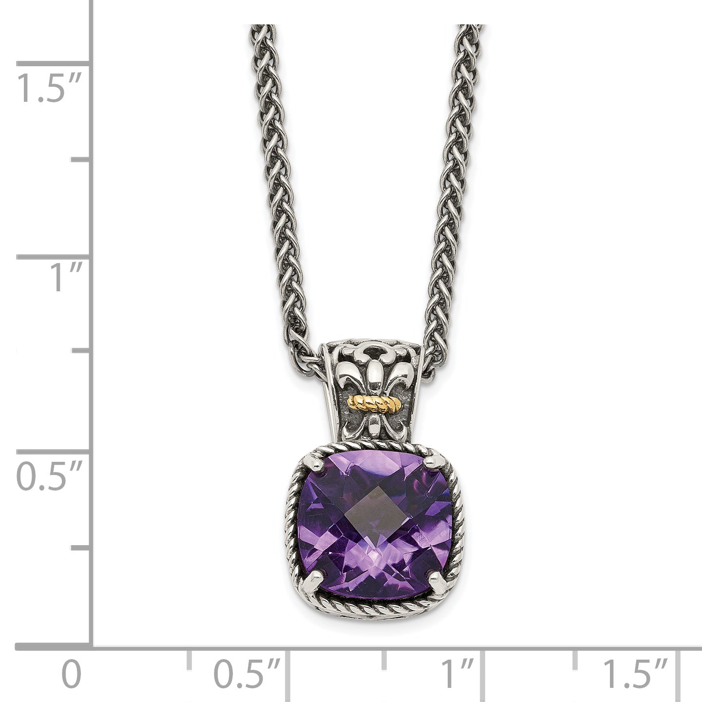 Shey Couture Sterling Silver with 14K Accent 18 Inch Antiqued Cushion Checkerboard Amethyst Necklace