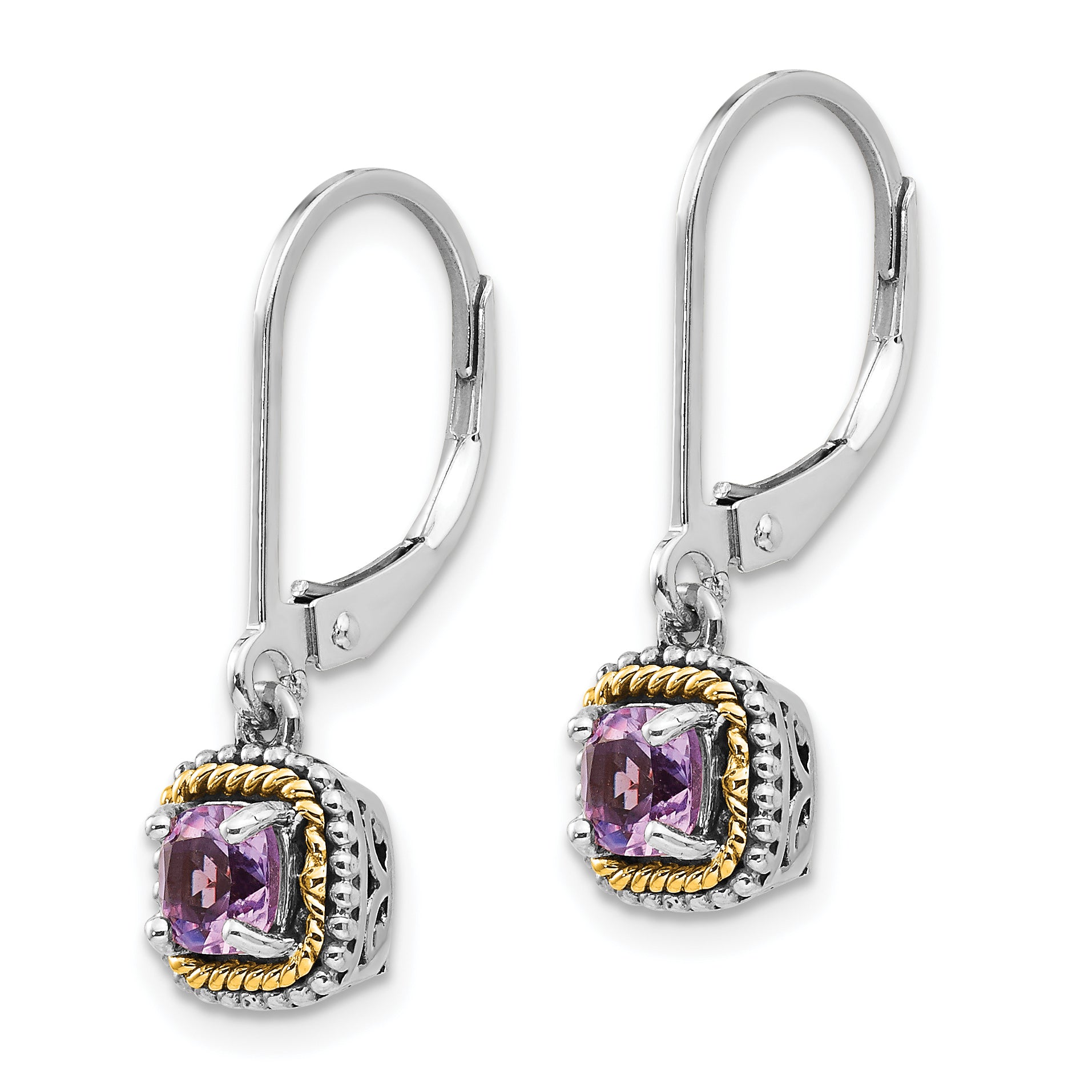 Sterling Silver and 14K Gold Amethyst Leverback Dangle Earrings Secondary image