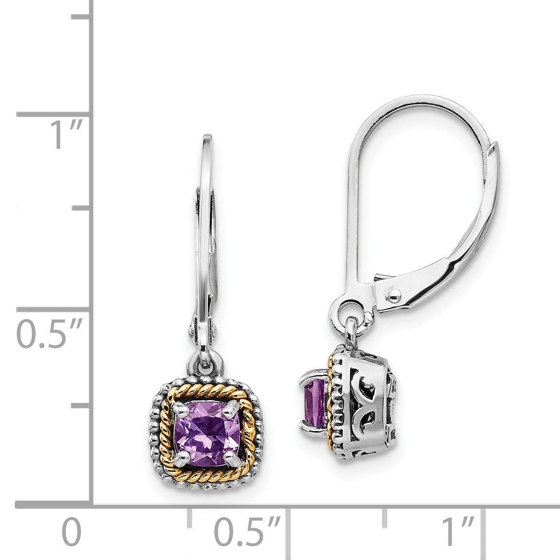 Shey Couture Sterling Silver with 14K Accent Antiqued Cushion Amethyst Leverback Dangle Earrings