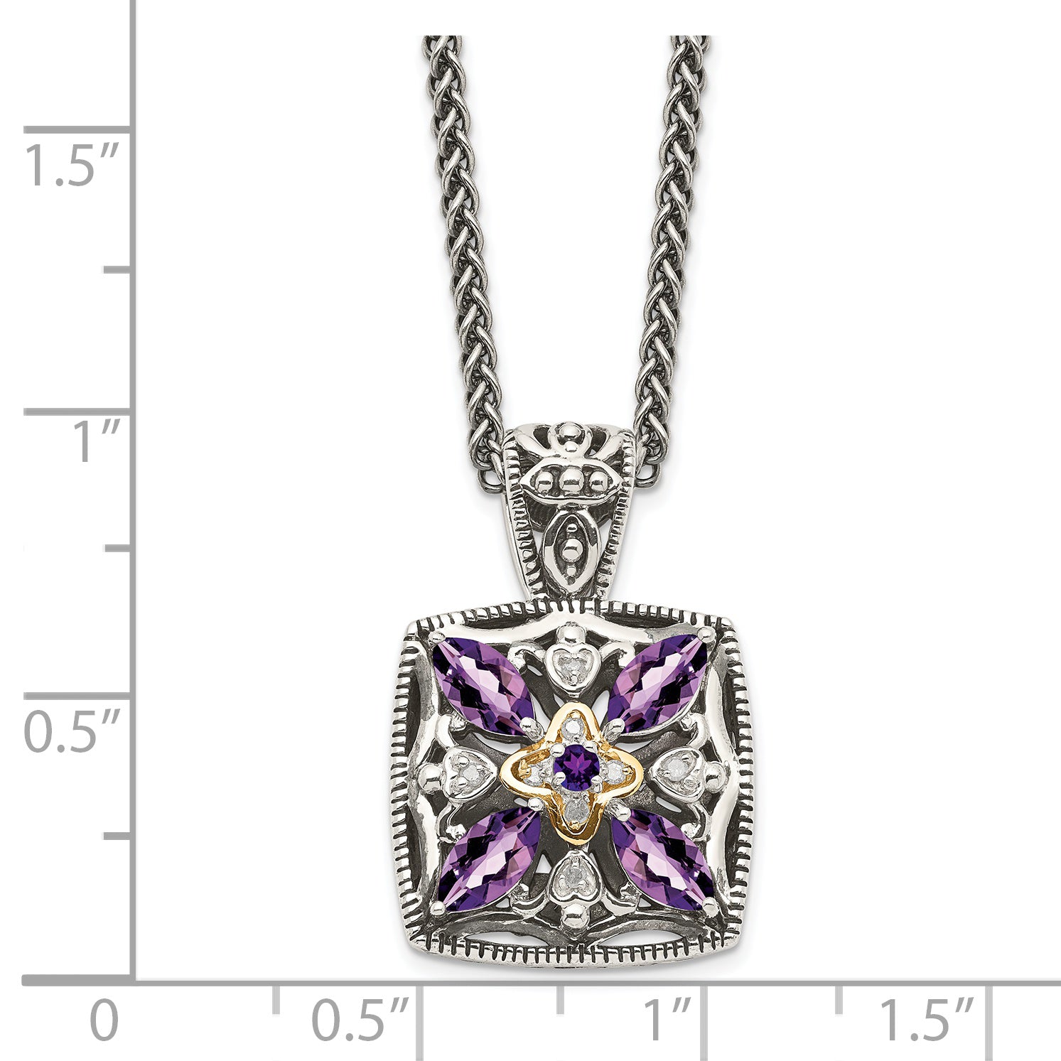 Shey Couture Sterling Silver Antiqued with 14K Accent 18 Inch Diamond and Pear Shaped Amethyst Necklace