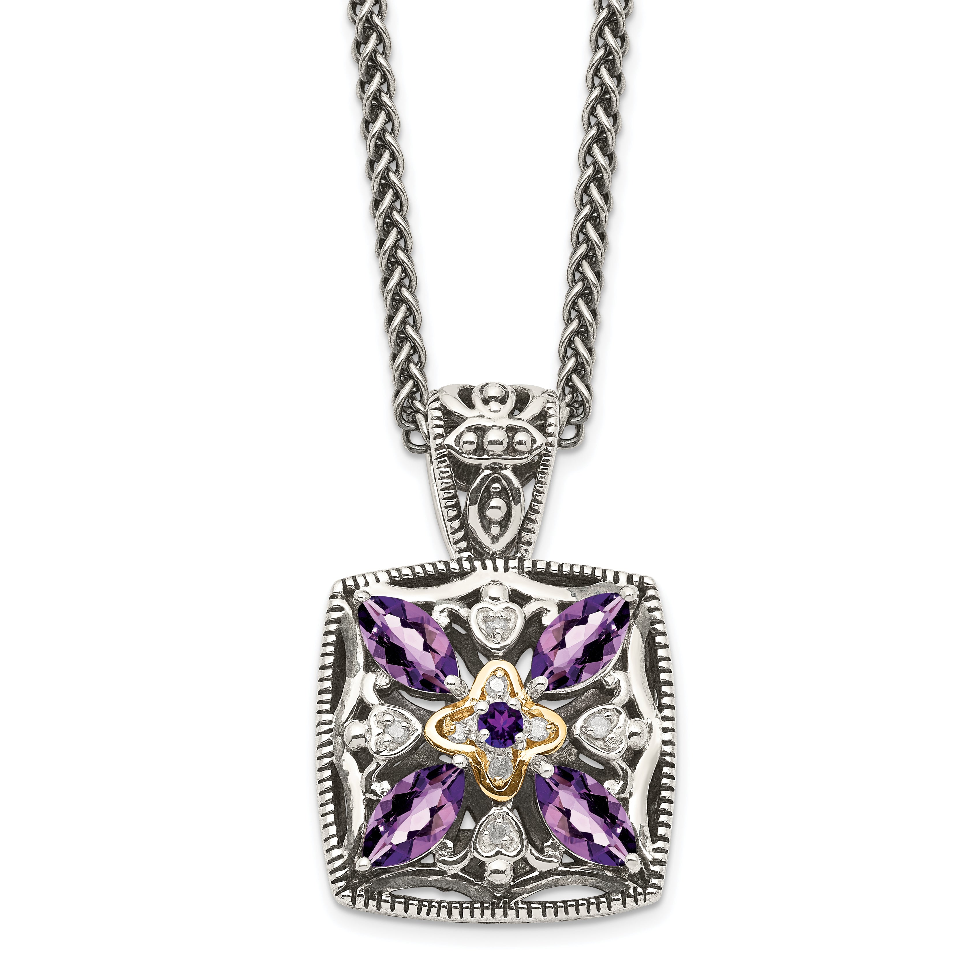 Shey Couture Sterling Silver Antiqued with 14K Accent 18 Inch Diamond and Pear Shaped Amethyst Necklace