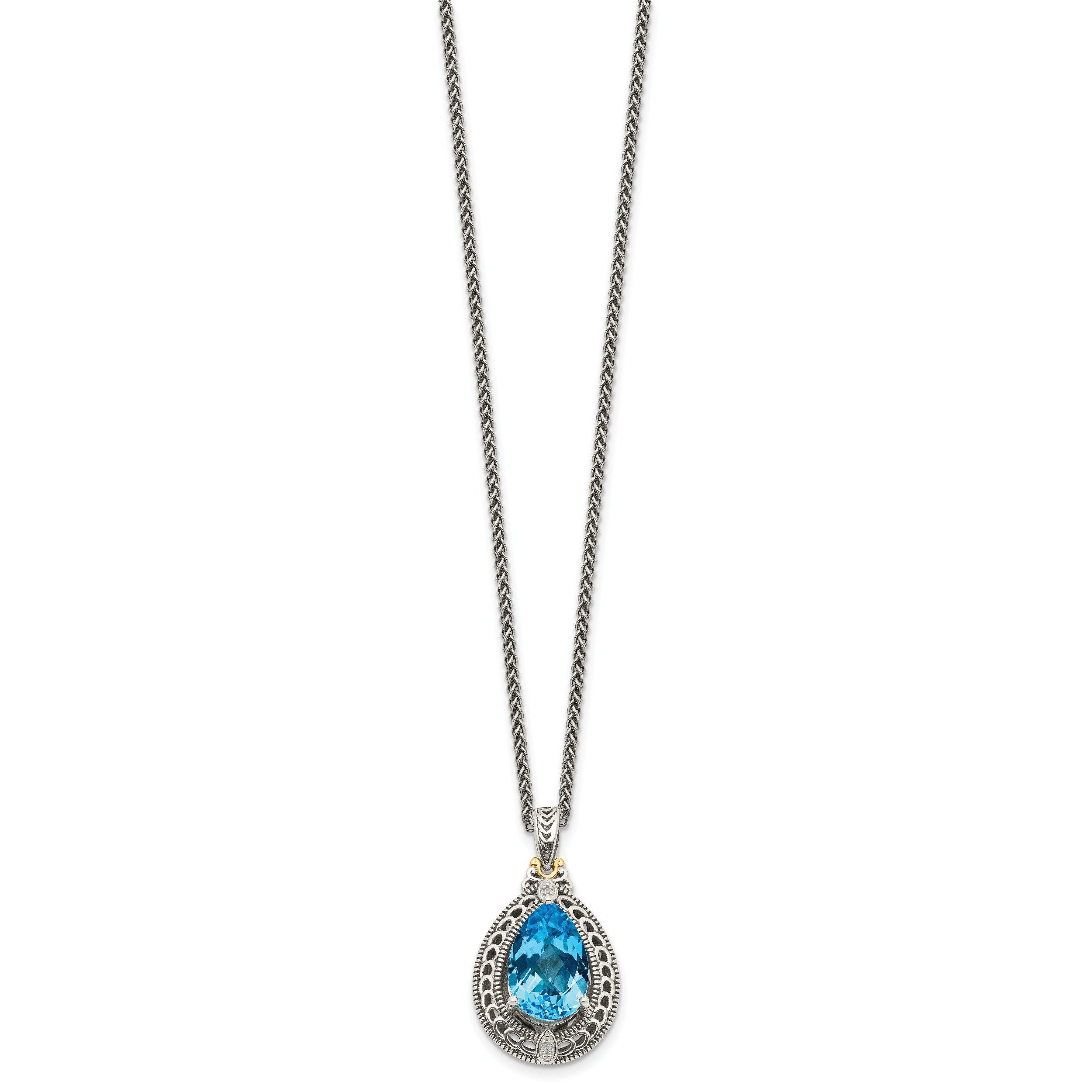 Shey Couture Sterling Silver with 14K Accent 18 Inch Antiqued Diamond and Pear Shaped Blue Topaz Necklace