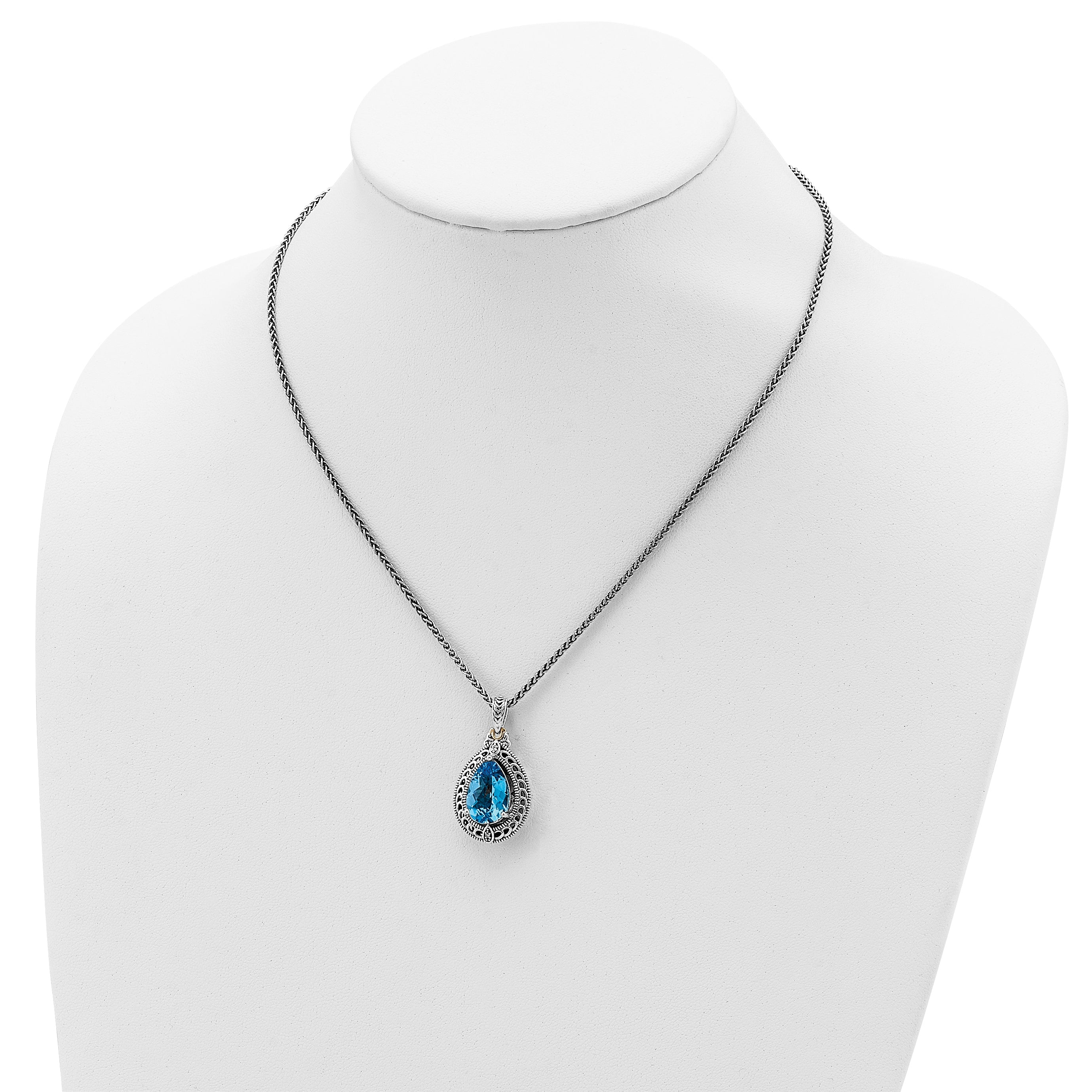 Shey Couture Sterling Silver with 14K Accent 18 Inch Antiqued Diamond and Pear Shaped Blue Topaz Necklace