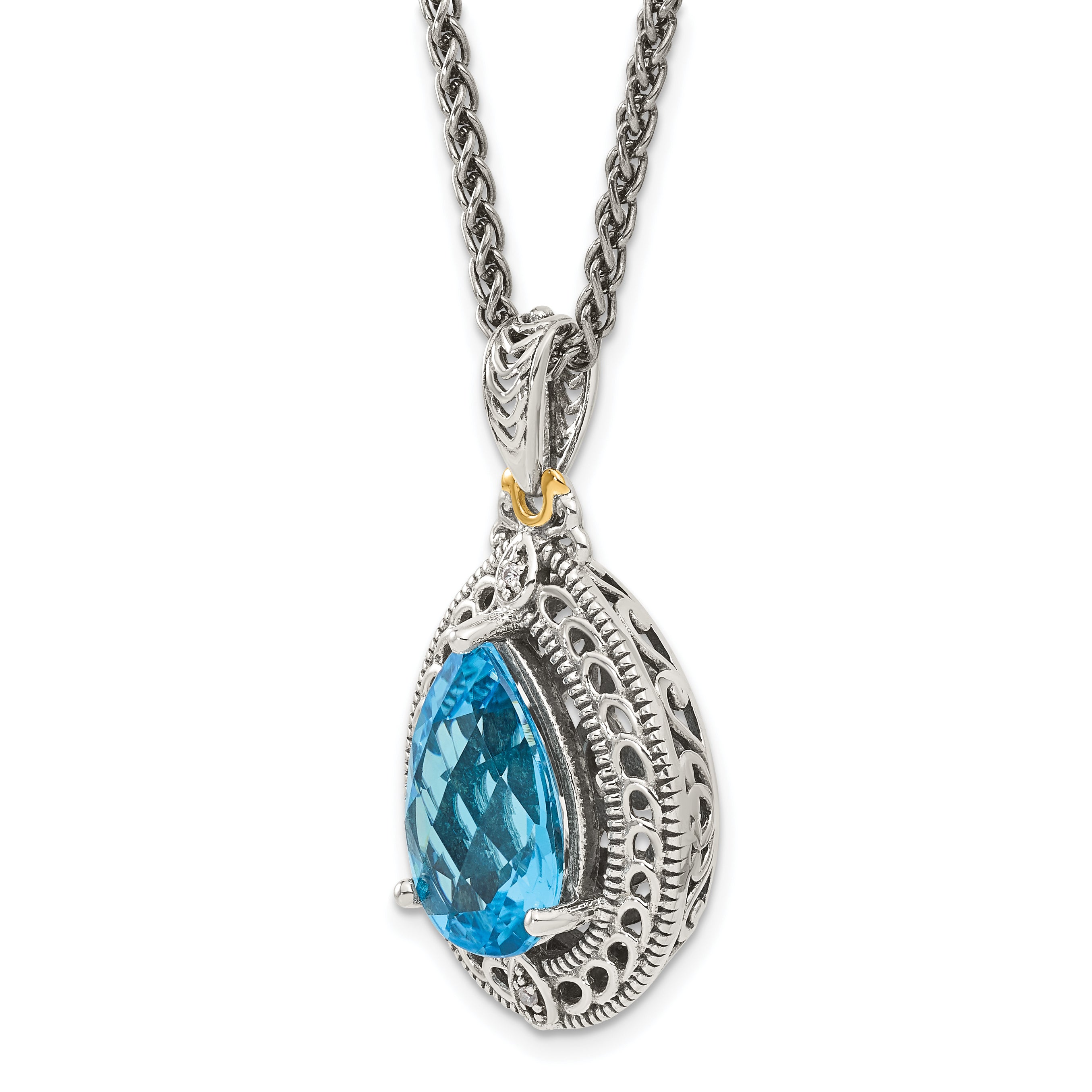 Shey Couture Sterling Silver with 14K Accent 18 Inch Antiqued Diamond and Pear Shaped Blue Topaz Necklace