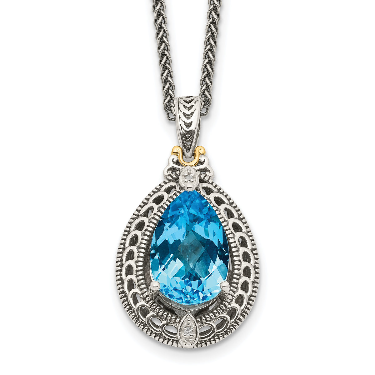 Shey Couture Sterling Silver with 14K Accent 18 Inch Antiqued Diamond and Pear Shaped Blue Topaz Necklace