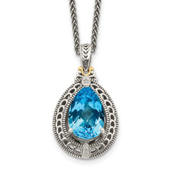 Shey Couture Sterling Silver with 14K Accent 18 Inch Antiqued Diamond and Pear Shaped Blue Topaz Necklace