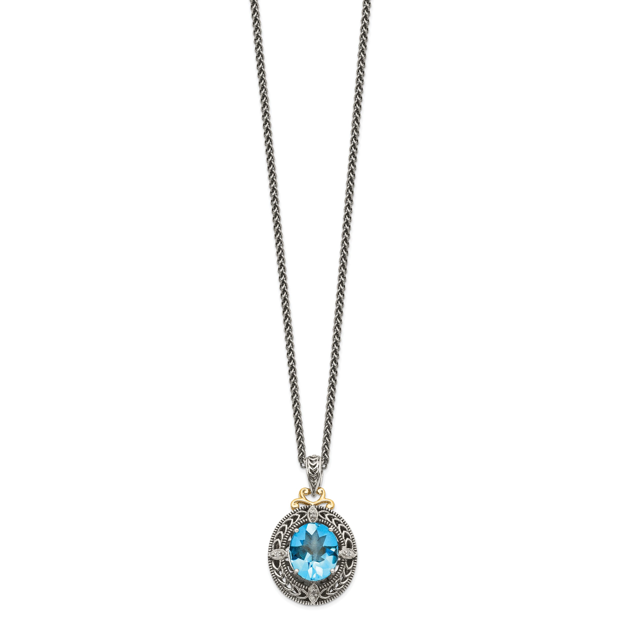 Shey Couture Sterling Silver with 14K Accent 18 Inch Antiqued Diamond and Oval Blue Topaz Necklace