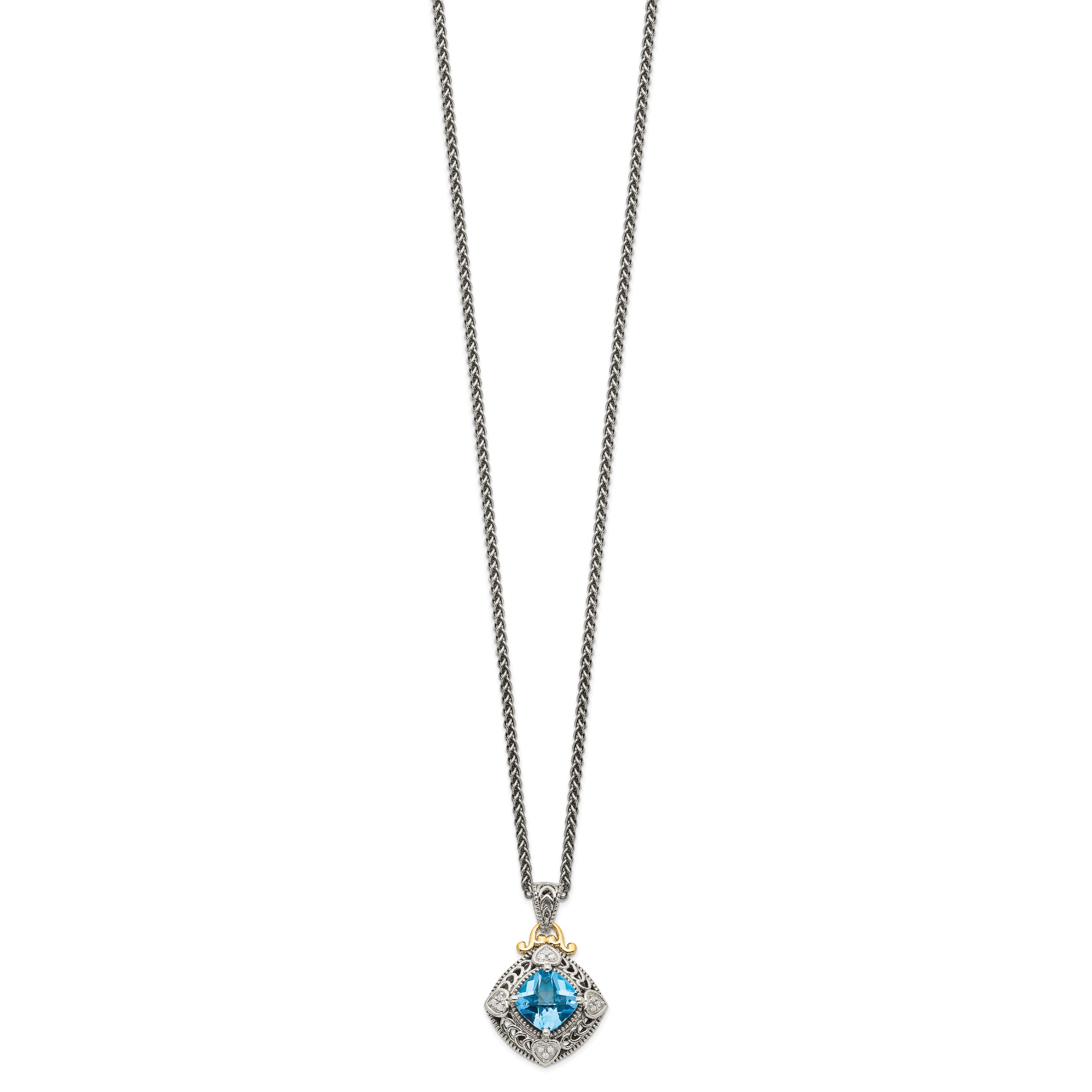 Shey Couture Sterling Silver with 14K Accent 18 Inch Antiqued Diamond and Cushion Blue Topaz Necklace