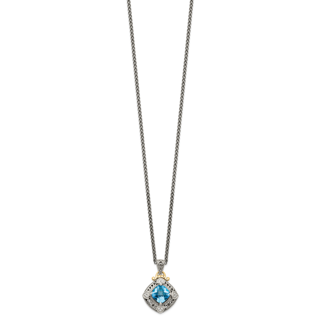 Shey Couture Sterling Silver with 14K Accent 18 Inch Antiqued Diamond and Cushion Blue Topaz Necklace