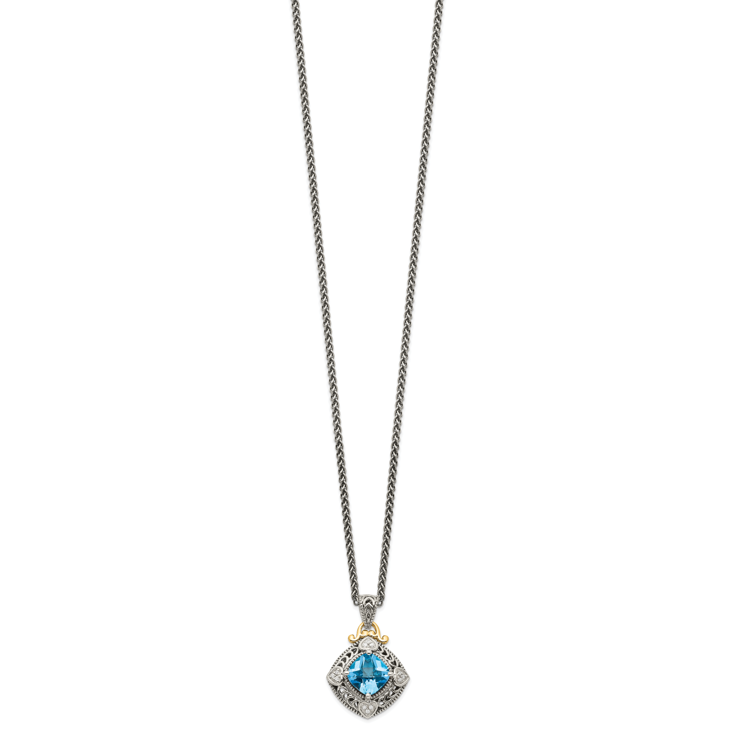 Shey Couture Sterling Silver with 14K Accent 18 Inch Antiqued Diamond and Cushion Blue Topaz Necklace