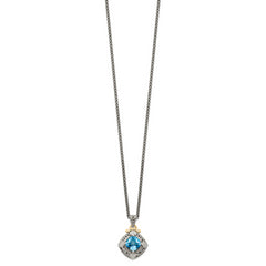 Shey Couture Sterling Silver with 14K Accent 18 Inch Antiqued Diamond and Cushion Blue Topaz Necklace
