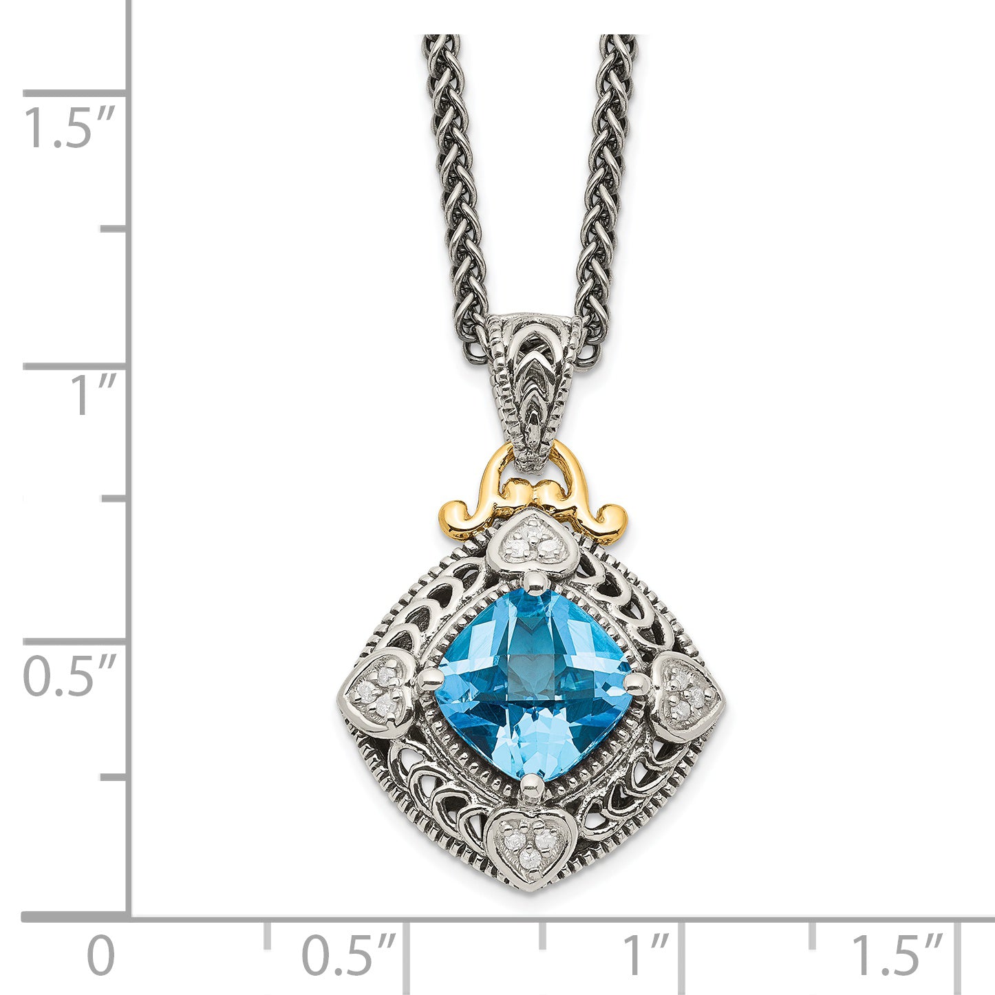 Shey Couture Sterling Silver with 14K Accent 18 Inch Antiqued Diamond and Cushion Blue Topaz Necklace