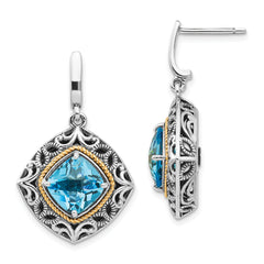 Shey Couture Sterling Silver with 14K Accent Antiqued Cushion Blue Topaz Post Dangle Earrings