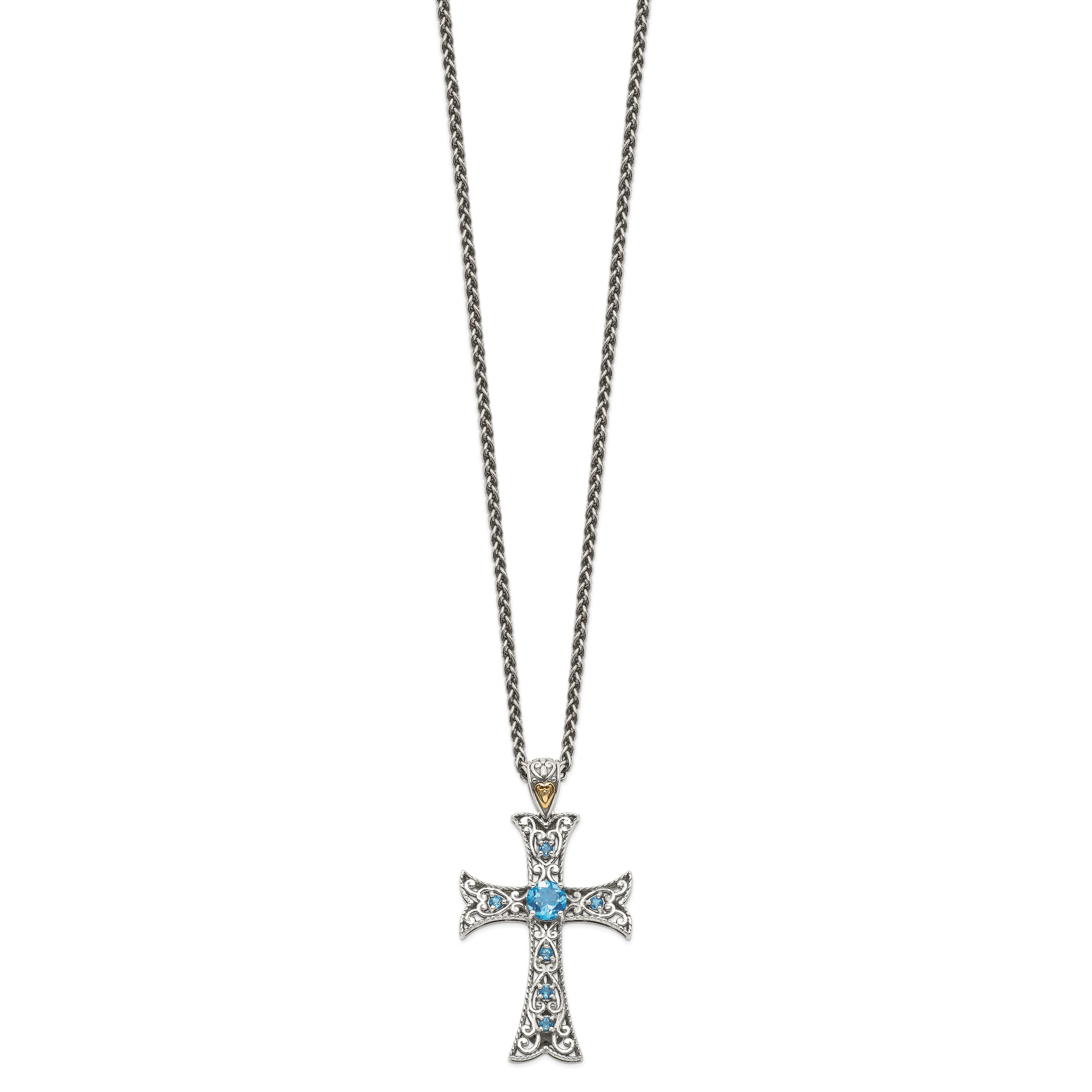 Shey Couture Sterling Silver Rhodium-plated with 14K Accent 18 Inch Antiqued Round Blue Topaz Cross Necklace