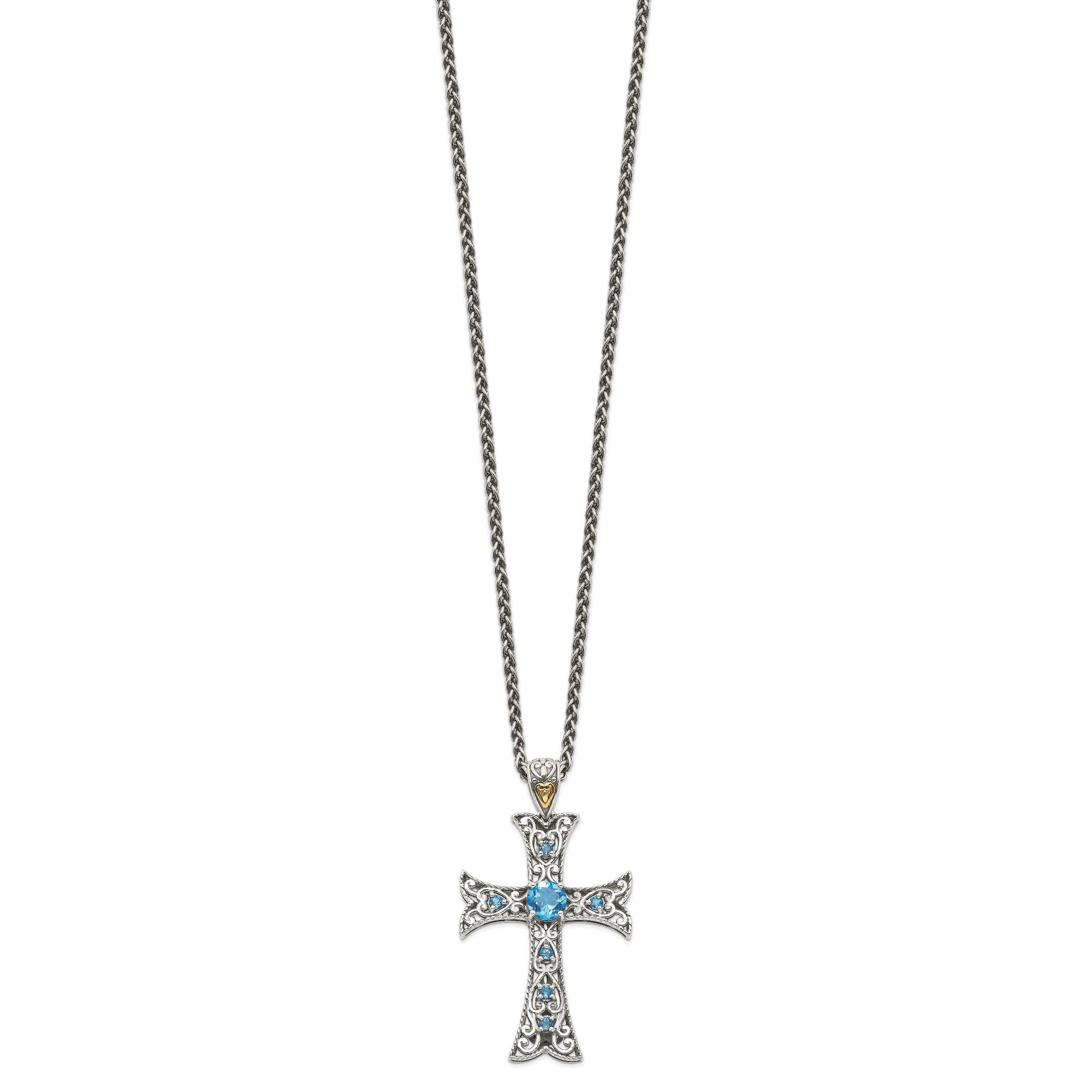 Shey Couture Sterling Silver Rhodium-plated with 14K Accent 18 Inch Antiqued Round Blue Topaz Cross Necklace Secondary image