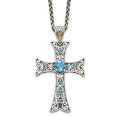 Shey Couture Sterling Silver Rhodium-plated with 14K Accent 18 Inch Antiqued Round Blue Topaz Cross Necklace
