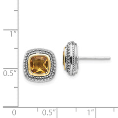 Shey Couture Sterling Silver with 14K Accent Antiqued Cushion Bezel Citrine Post Earrings