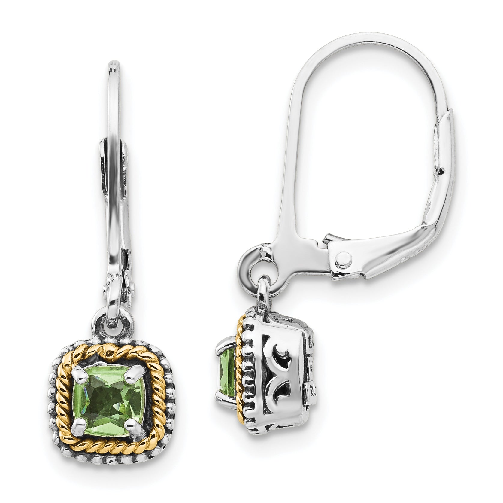 Shey Couture Sterling Silver with 14K Accent Antiqued Cushion Peridot Leverback Earrings Main image