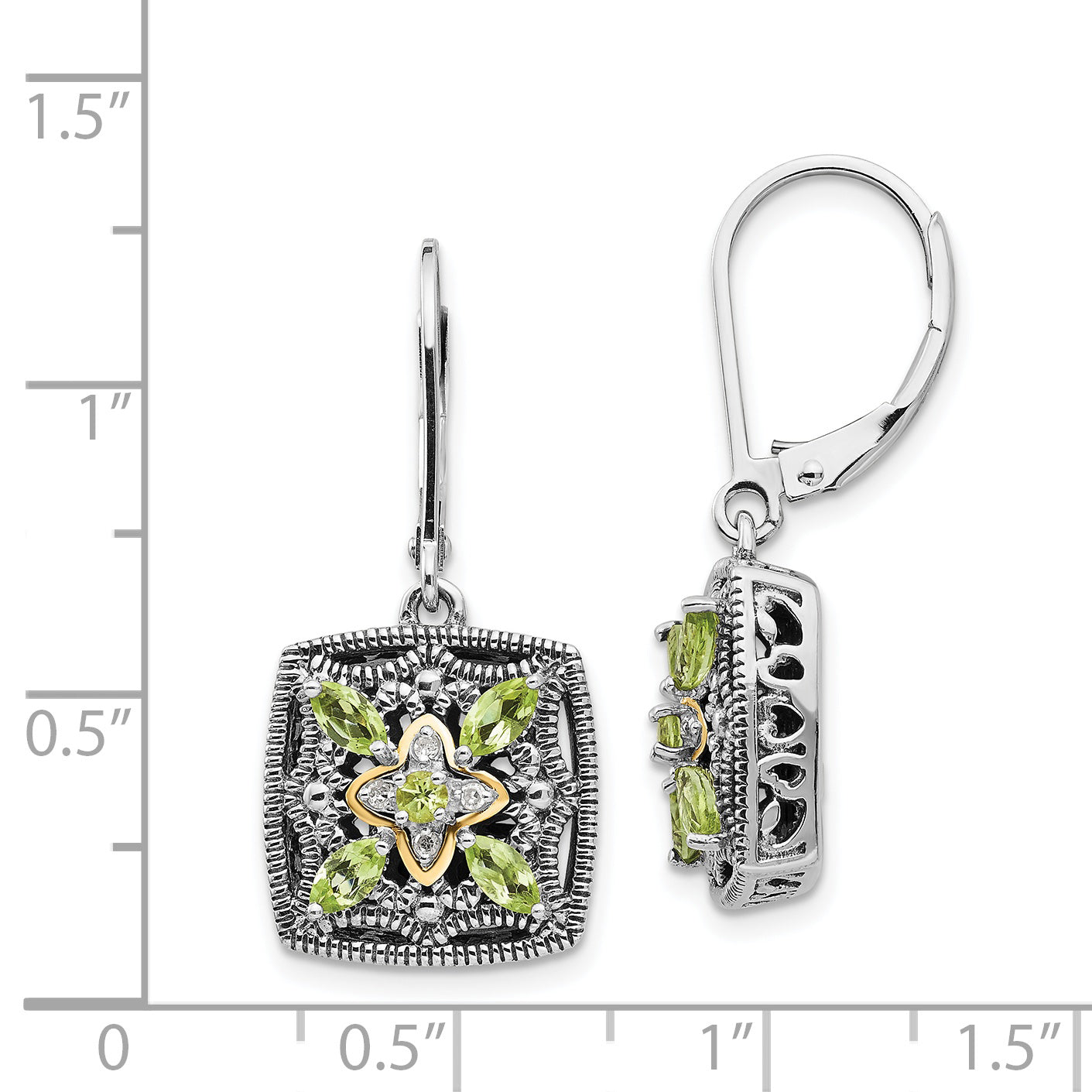 Shey Couture Sterling Silver with 14K Accent Antiqued Diamond and Marquise Peridot Leverback Earrings