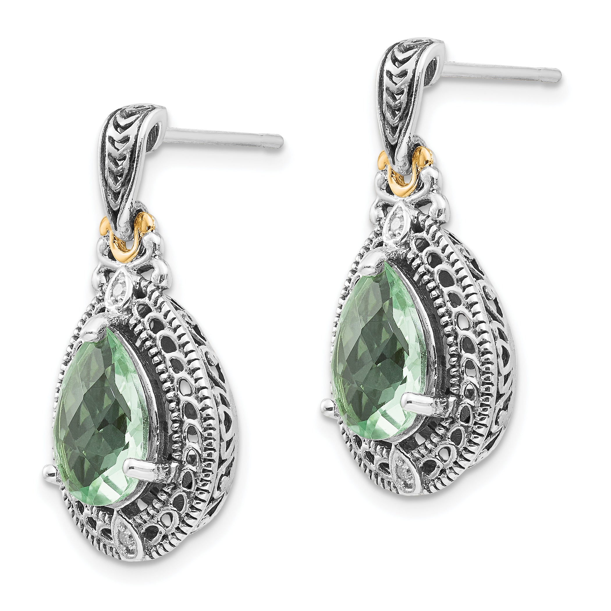 Sophia Jewelers Antiqued Sterling Silver and 14K Gold Green Quartz and Diamond Dangle Earrings Secondary image