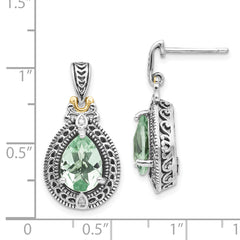Sophia Jewelers Antiqued Sterling Silver and 14K Gold Green Quartz and Diamond Dangle Earrings