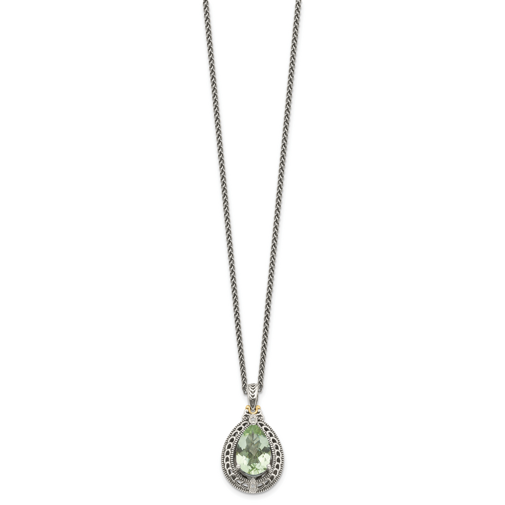 Shey Couture Sterling Silver with 14K Accent 18 Inch Antiqued Diamond and Pear Shaped Green Quartz Necklace