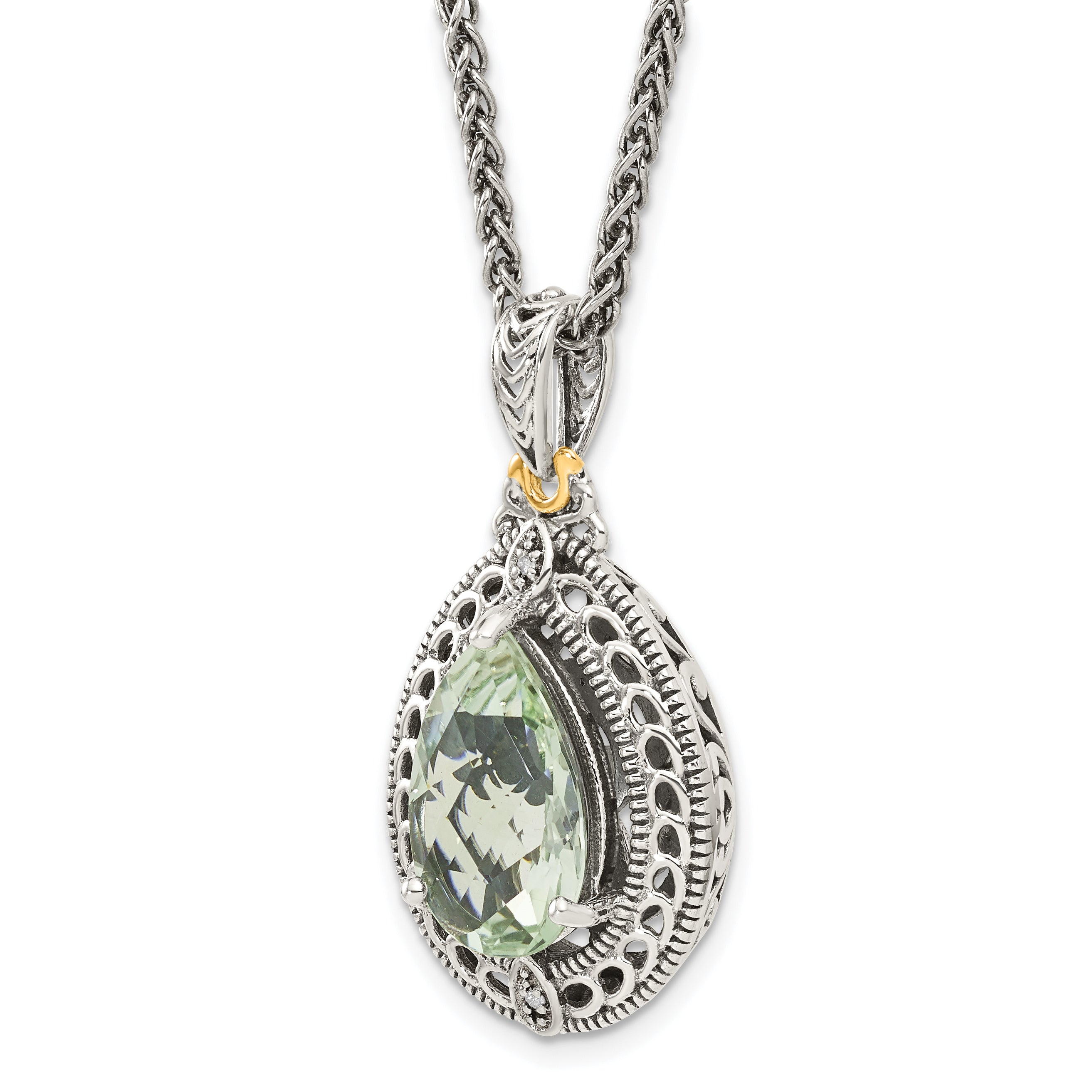 Shey Couture Sterling Silver with 14K Accent 18 Inch Antiqued Diamond and Pear Shaped Green Quartz Necklace