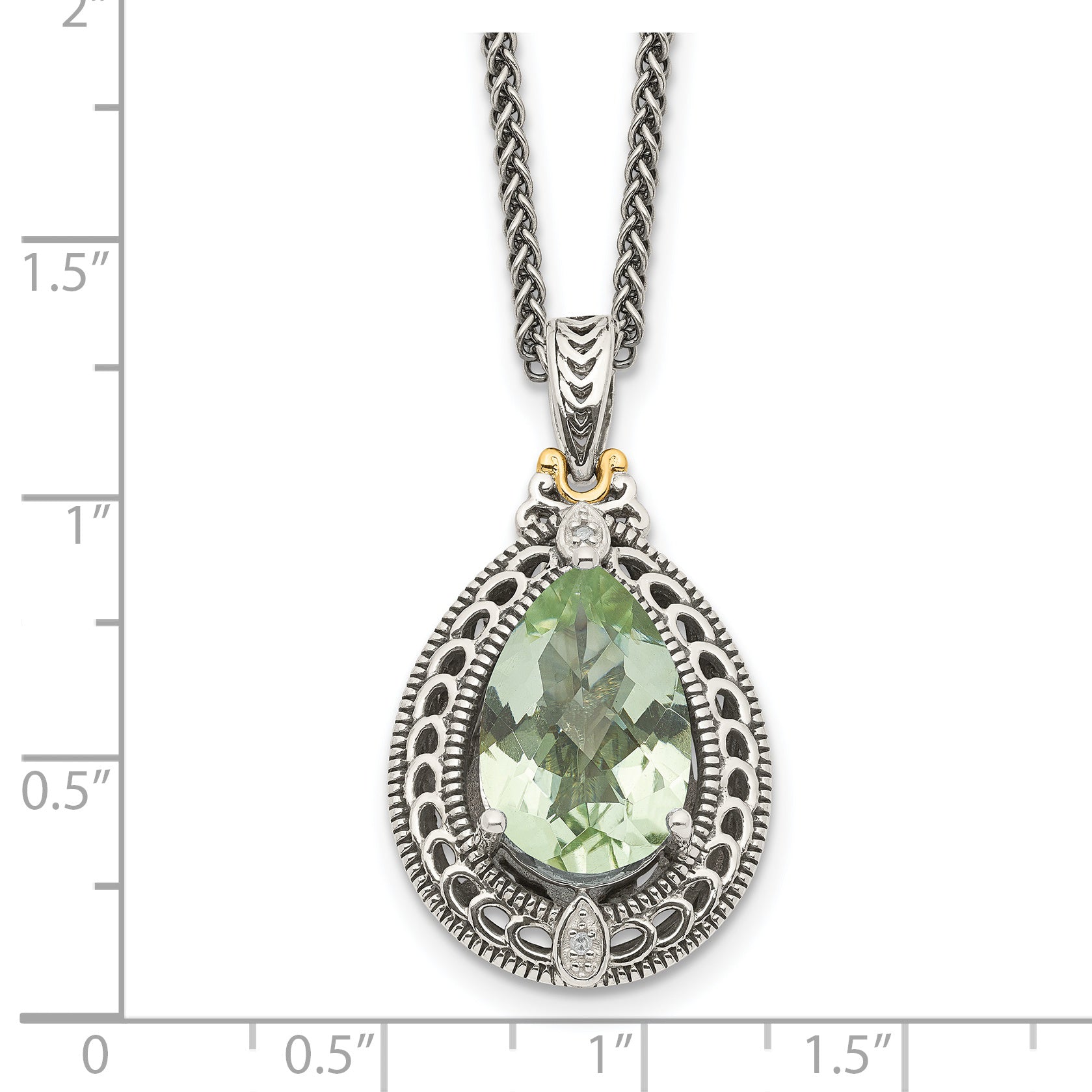 Shey Couture Sterling Silver with 14K Accent 18 Inch Antiqued Diamond and Pear Shaped Green Quartz Necklace