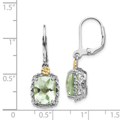 Sterling Silver 14K Gold Green Quartz Leverback Earrings Elegant Cushion Design