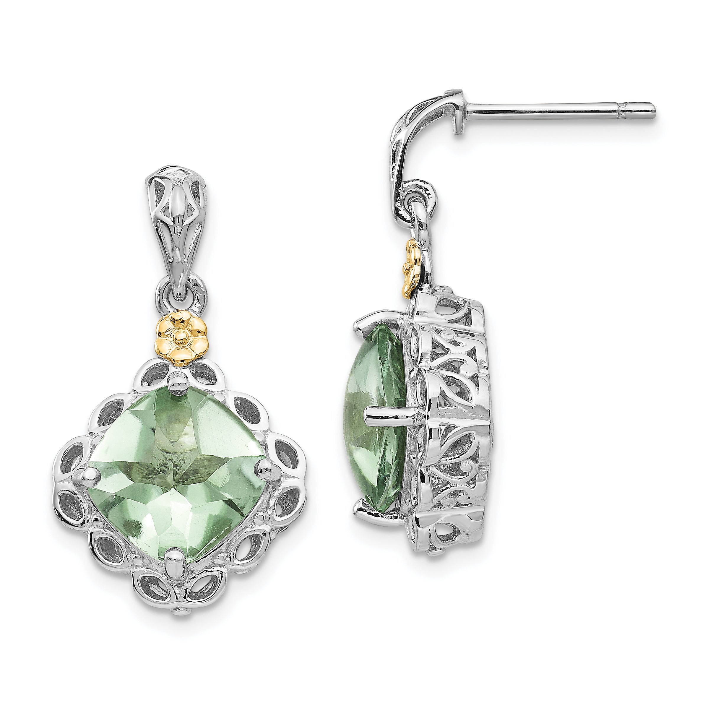 Shey Couture Sterling Silver Rhodium-plated with 14K Accent Cushion Green Quartz Post Dangle Earrings