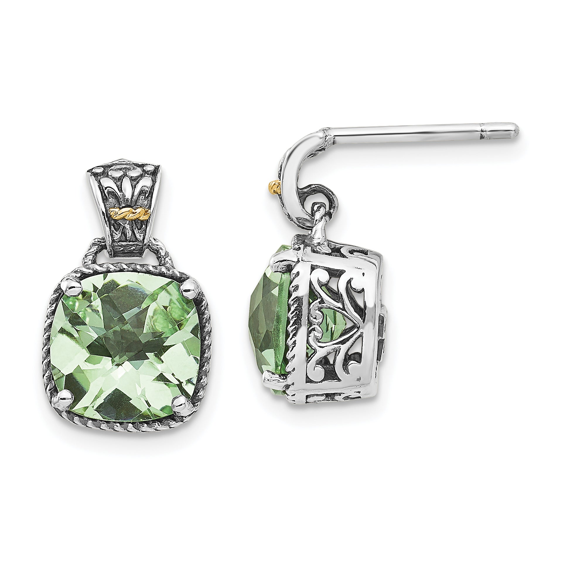 Shey Couture Sterling Silver with 14K Accent Antiqued Cushion Green Quartz Post Dangle Earrings Main image