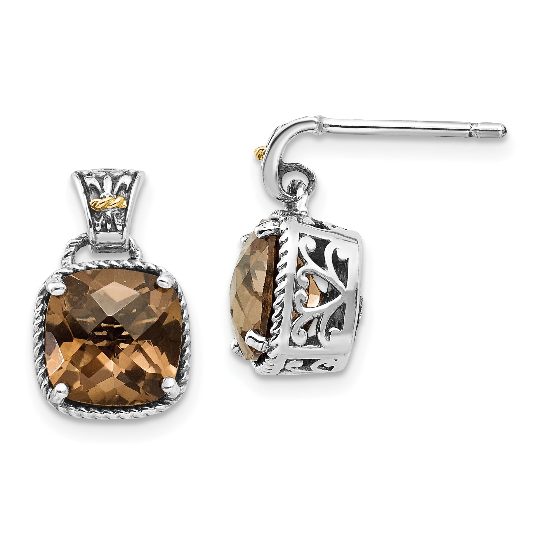 Shey Couture Sterling Silver with 14K Accent Antiqued Cushion Smoky Quartz Dangle Post Earrings Main image