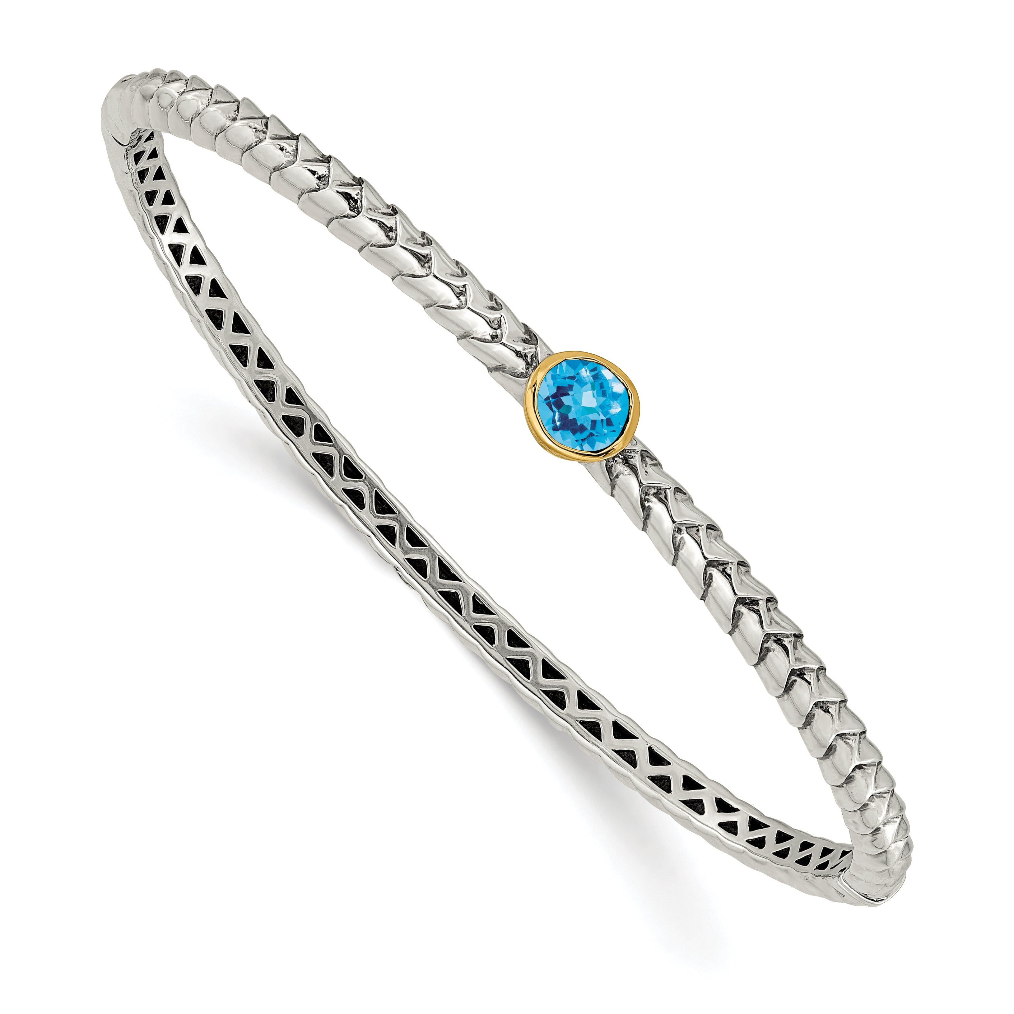 Shey Couture Sterling Silver Antiqued with 14K Accent Round Bezel Blue Topaz Bangle Bracelet