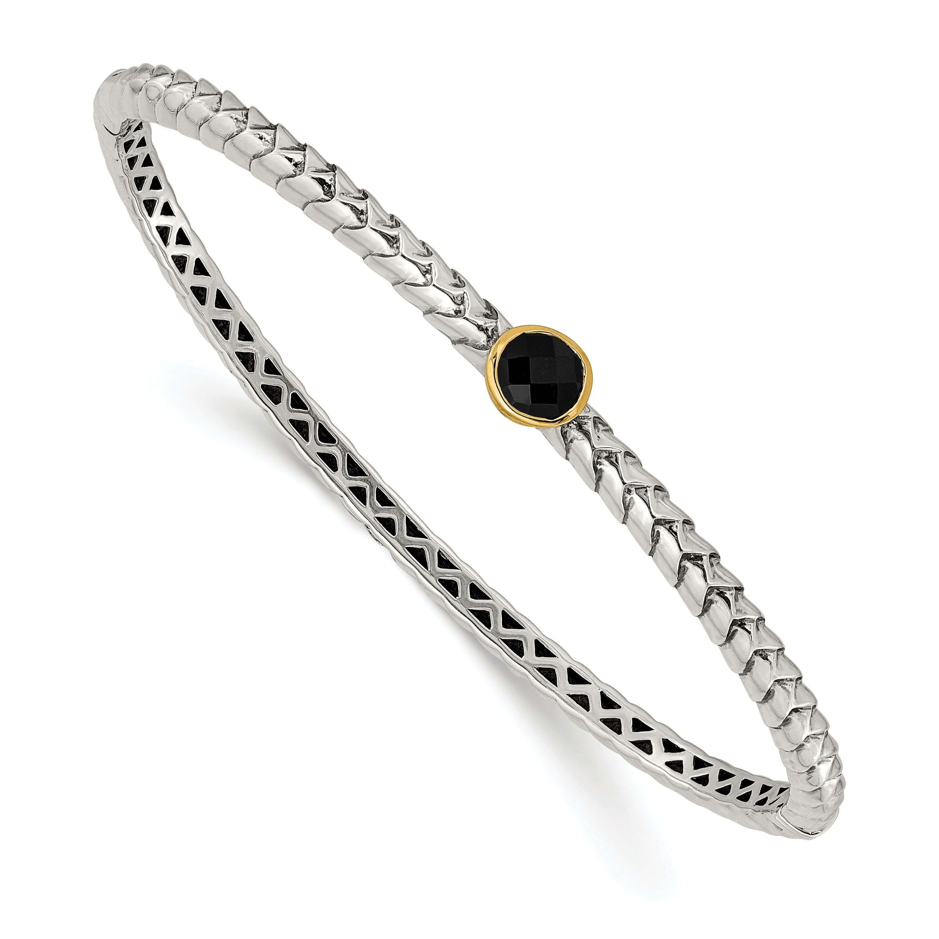 Shey Couture Sterling Silver with 14K Accent Antiqued Checkerboard-cut Black Onyx Hinged Bangle Bracelet Main image