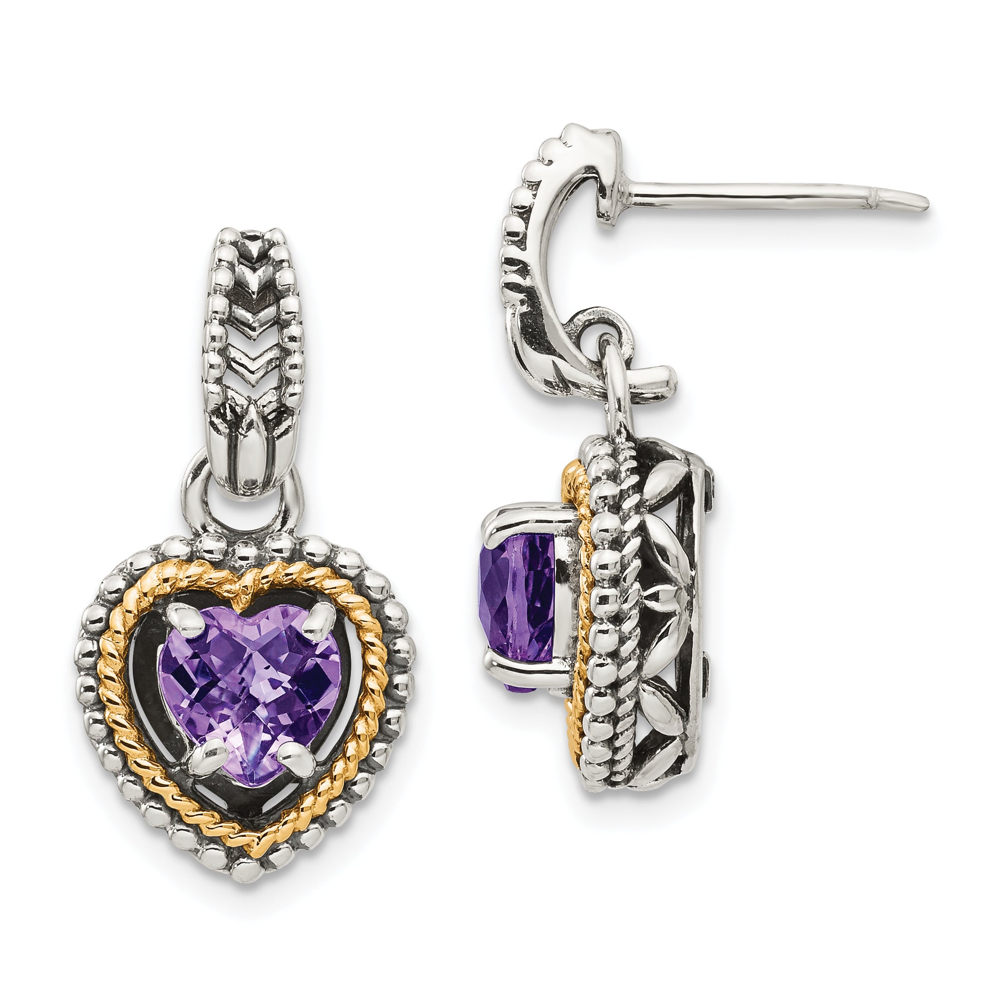 Shey Couture Sterling Silver with 14K Accent Antiqued Amethyst Heart Post Dangle Earrings Main image