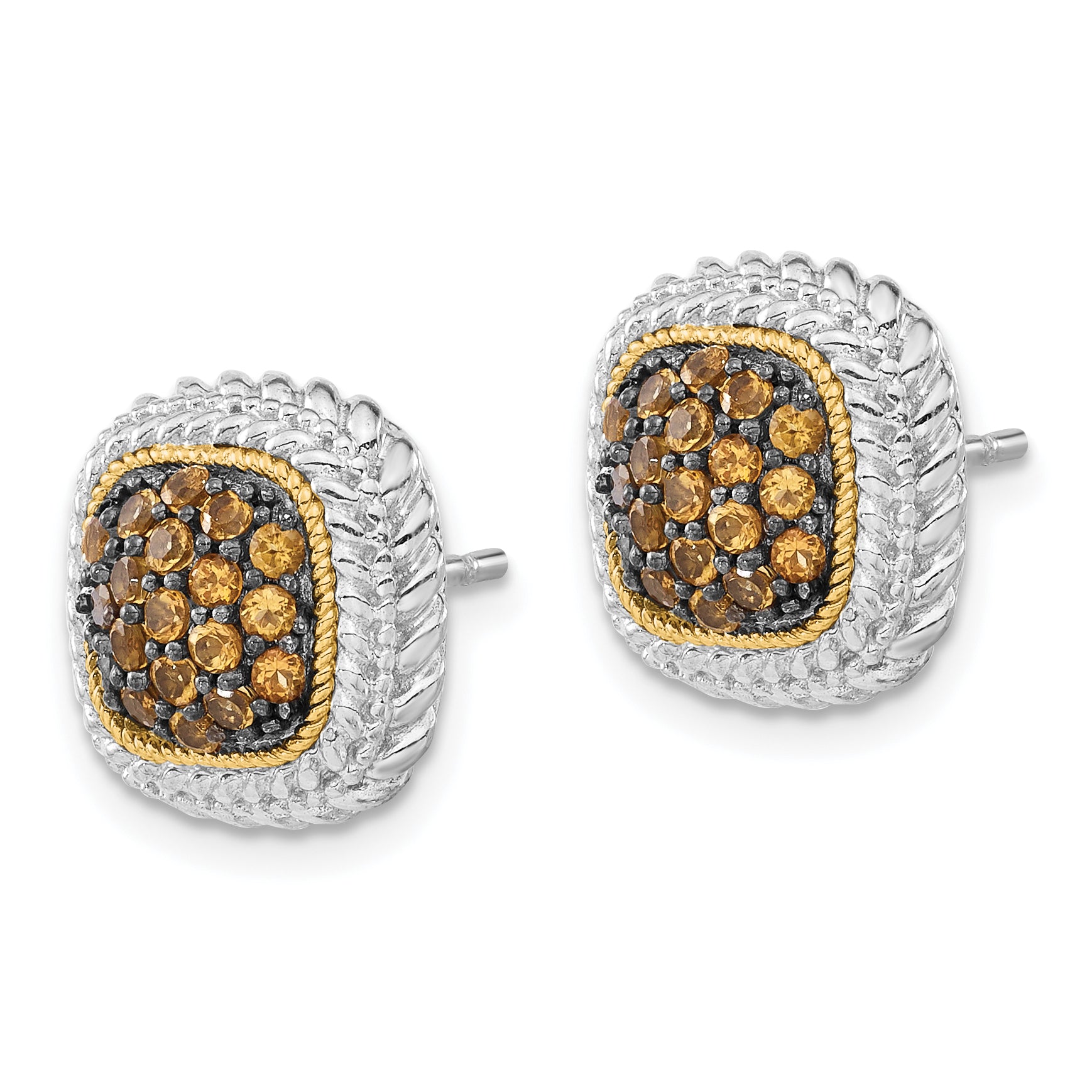 Sterling Silver 14K Gold Citrine Cluster Earrings with Black Rhodium Finish