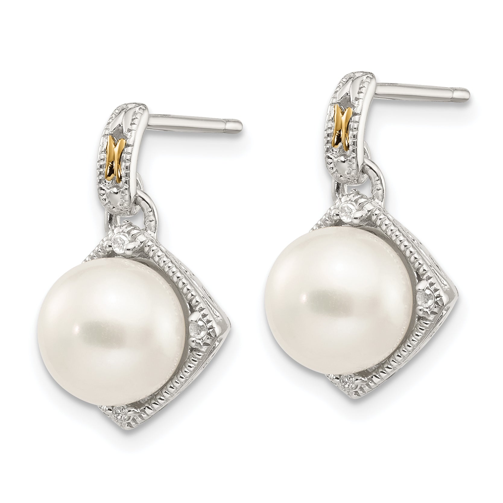 Sophia Jewelers Sterling Silver 14K Gold Accented Pearl and Diamond Dangle Earrings Secondary image