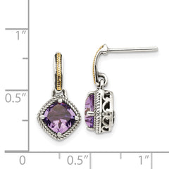 Shey Couture Sterling Silver with 14K Accent Antiqued Cushion Amethyst Post Dangle Earrings