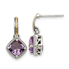 Shey Couture Sterling Silver with 14K Accent Antiqued Cushion Amethyst Post Dangle Earrings