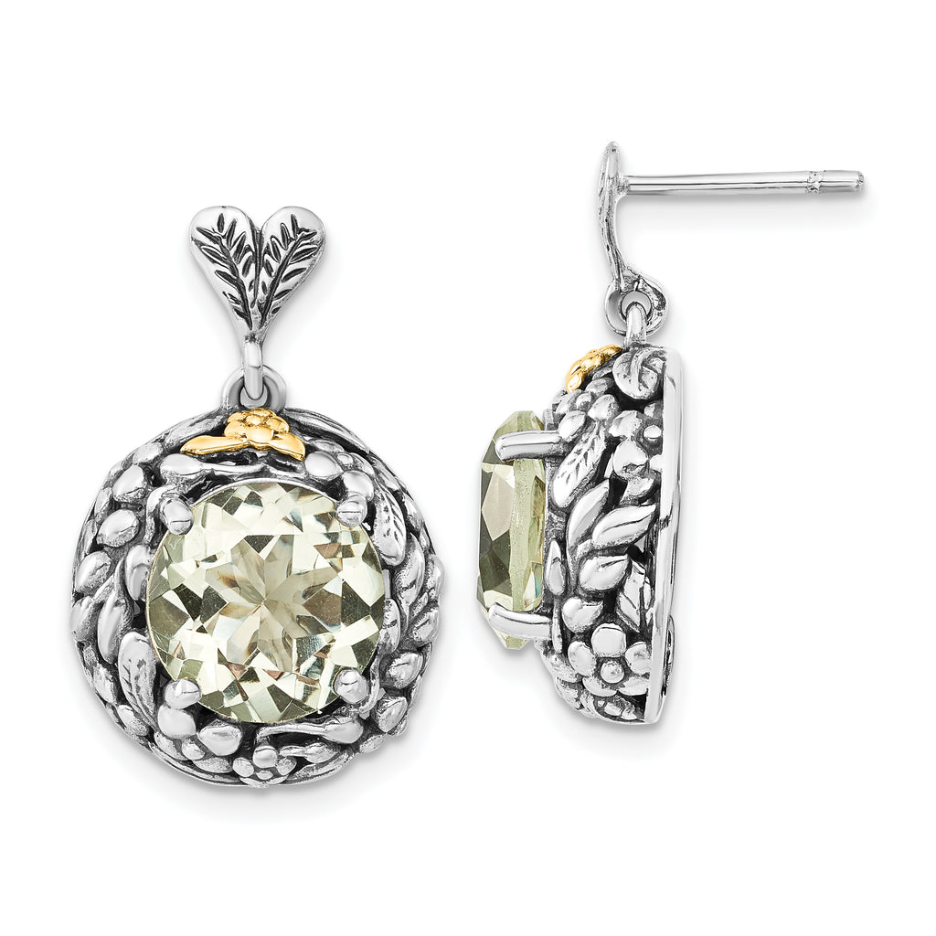 Sterling Silver w/14k Polished & Antiqued Green Quartz Post Dangle Earrings