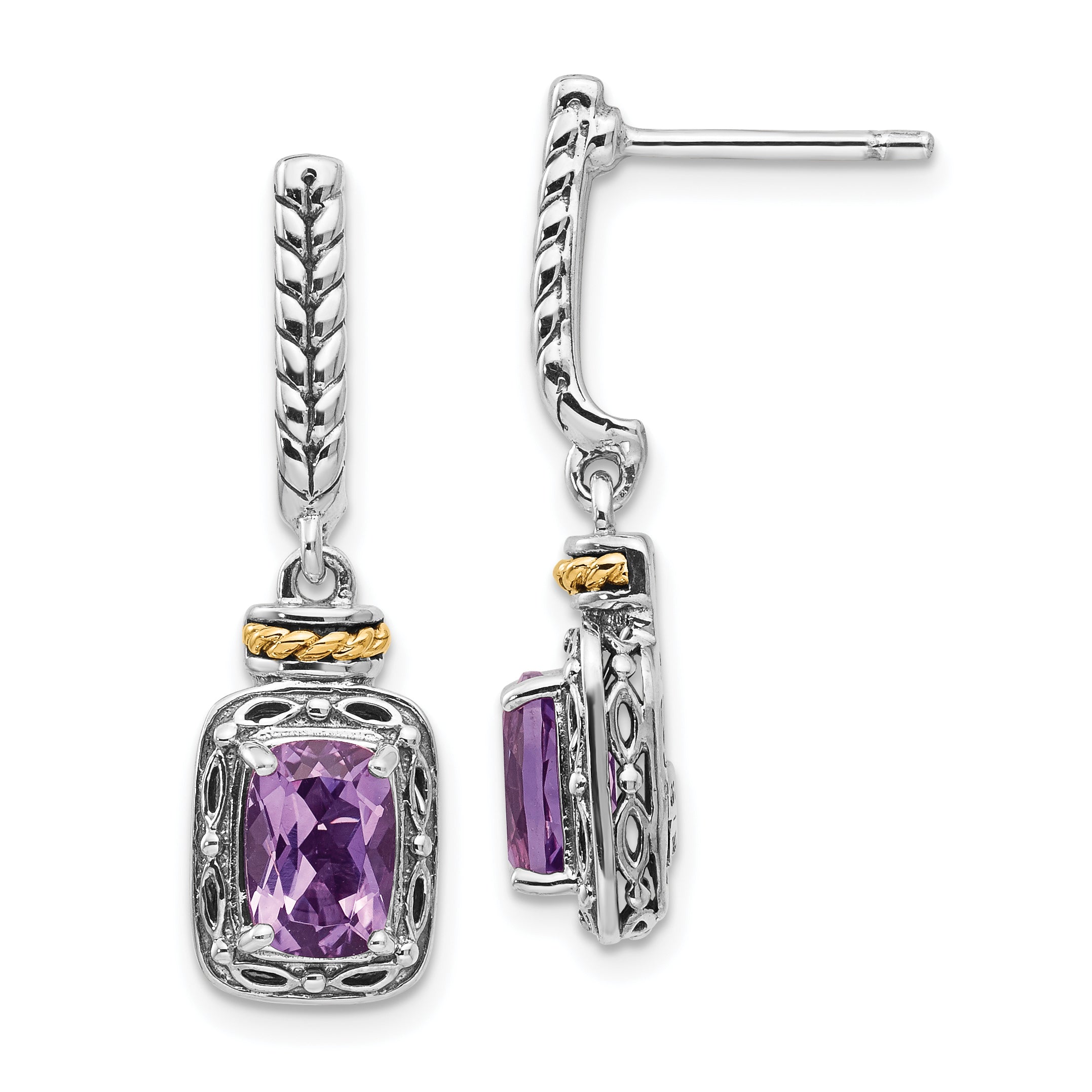 Shey Couture Sterling Silver with 14K Accent Antiqued Cushion Amethyst Post Dangle Earrings Main image
