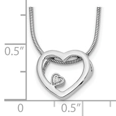 Sterling Silver Diamond Open Heart Necklace with Rhodium Polish and Extender