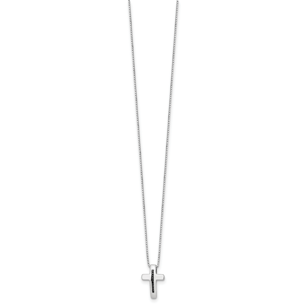 Sterling Silver Black Diamond Cross Necklace with Rhodium Plating