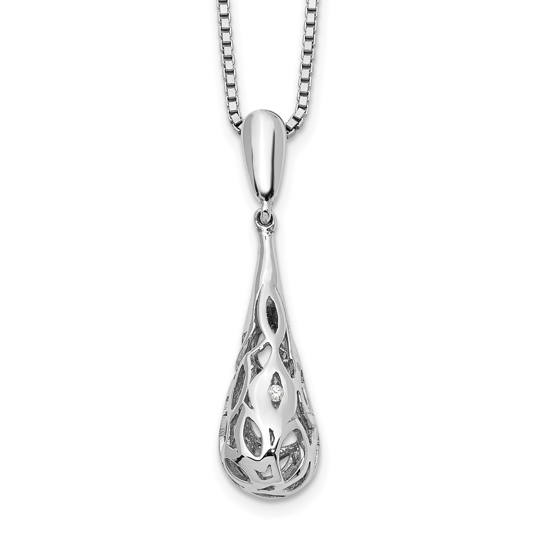 White Ice Sterling Silver Rhodium-plated 18 Inch Diamond Filigree Teardrop Necklace with 2 Inch Extender