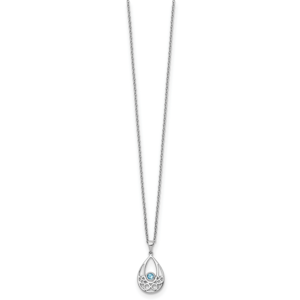 Sterling Silver Blue Topaz Necklace with Rhodium Finish and Extender