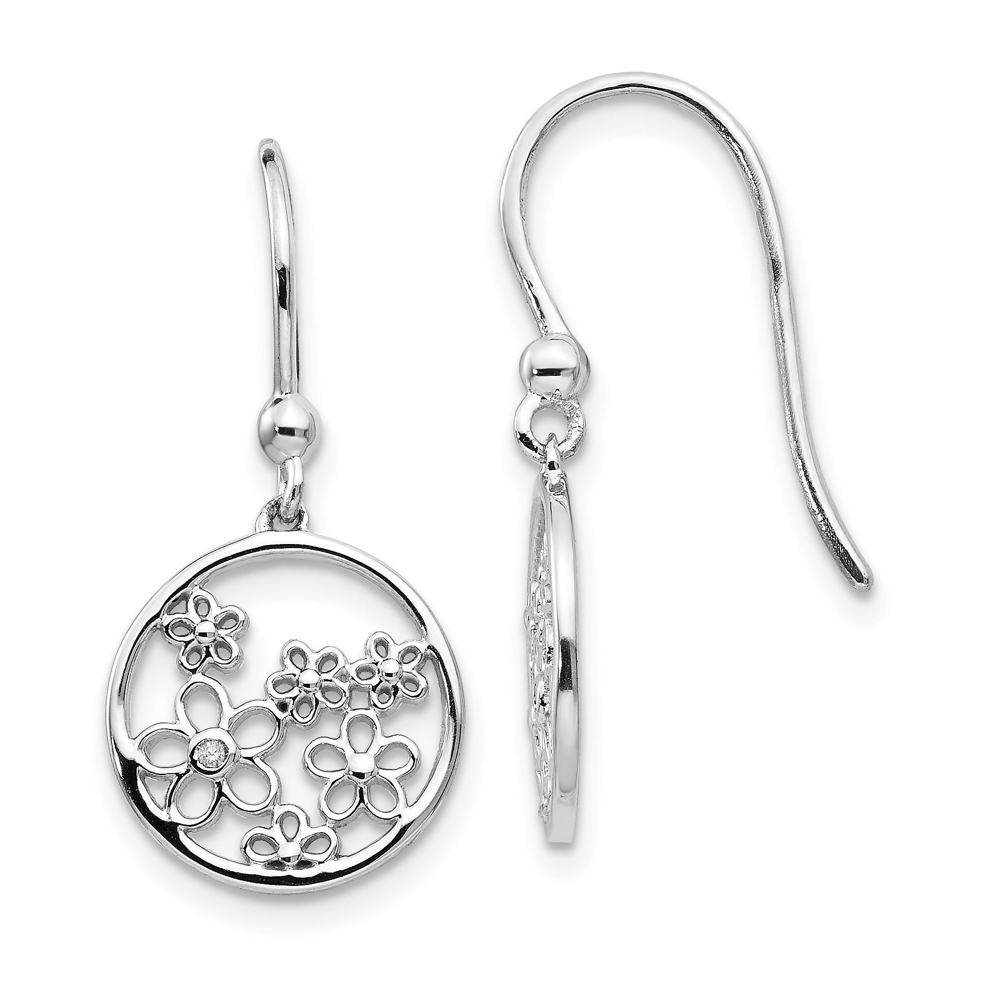 White Ice Sterling Silver Rhodium-plated Diamond Flower Shepherd Hook Dangle Earrings Main image