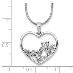 Sterling Silver Diamond Heart Necklace with Flower Elegance and Rhodium Finish