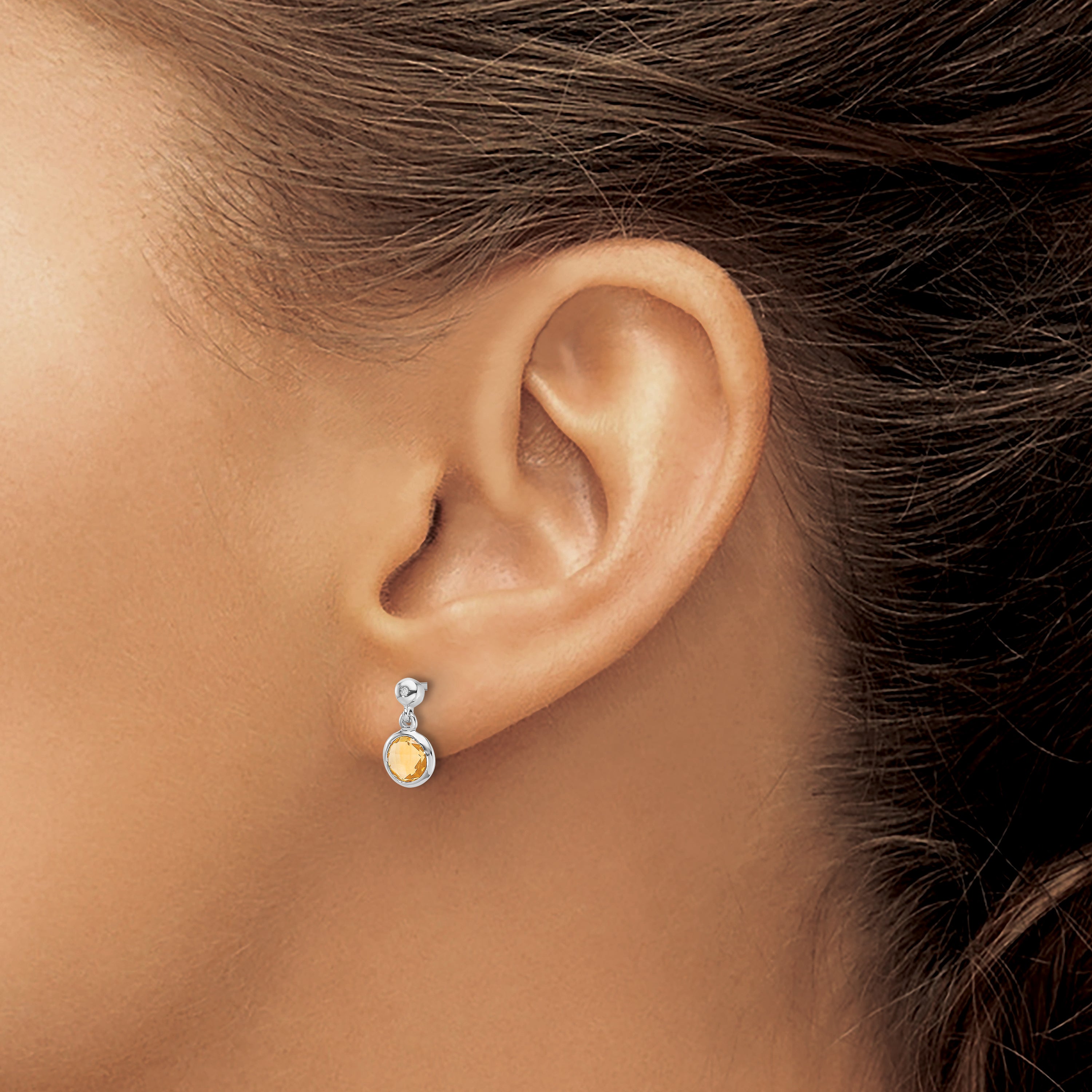 Sterling Silver RH Plated White Ice Diamond and Citrine Post Earrings