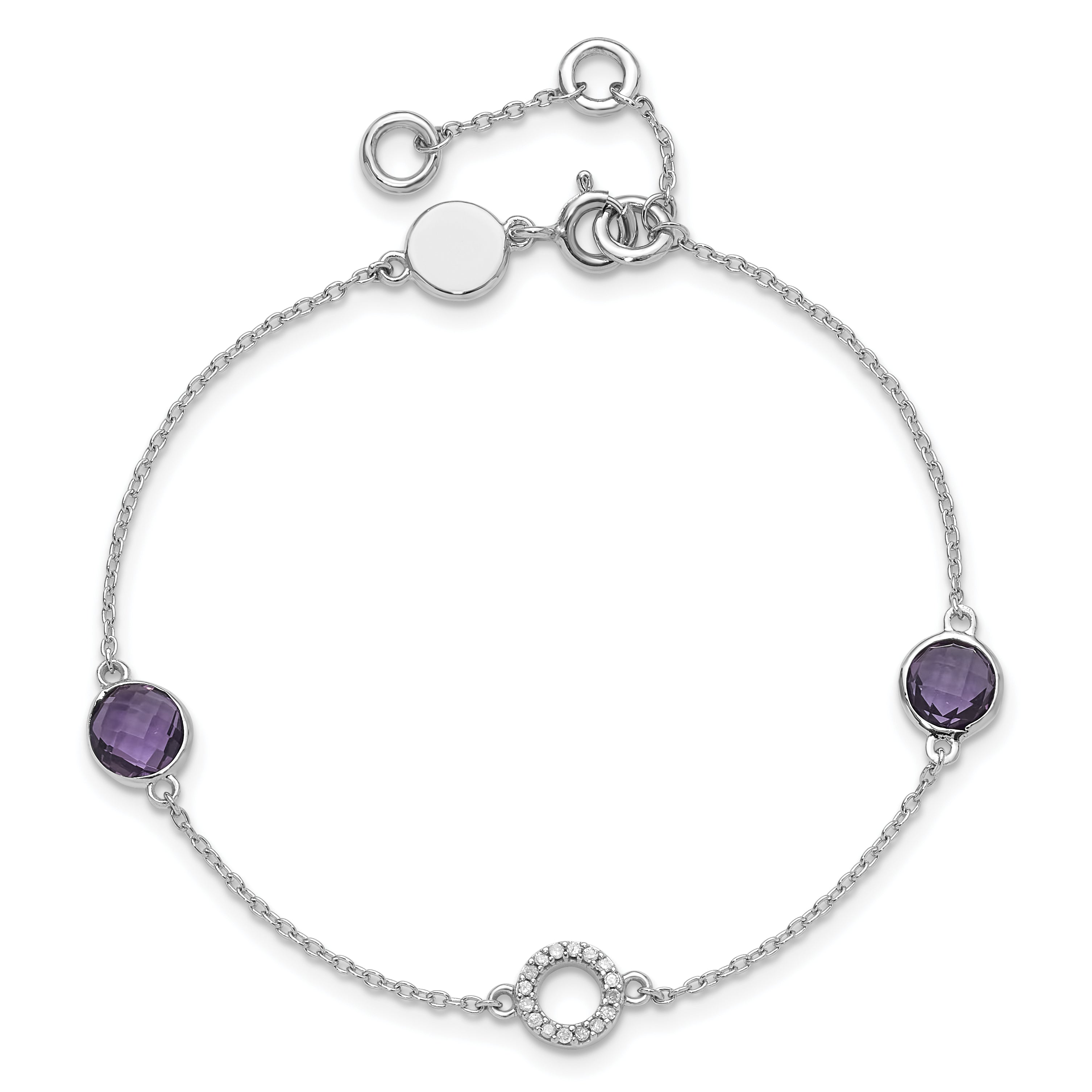 SS RH Plated White Ice Diamond & Amethyst w/1IN Ext. Bracelet