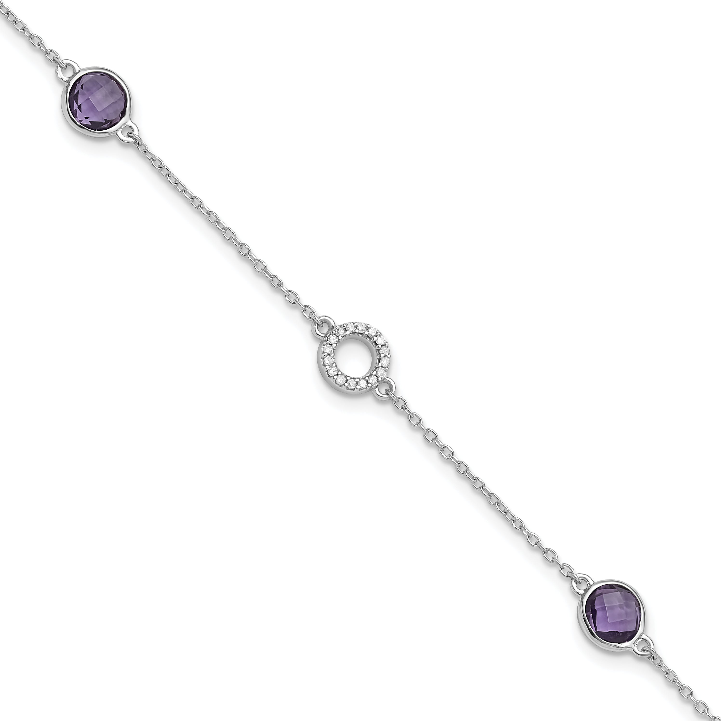 SS RH Plated White Ice Diamond & Amethyst w/1IN Ext. Bracelet